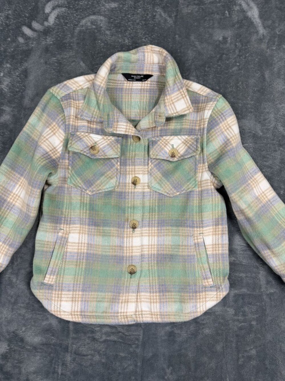 Member's Mark Girls Plaid Green & Beige Button-Up Shacket Jacket 6/6X